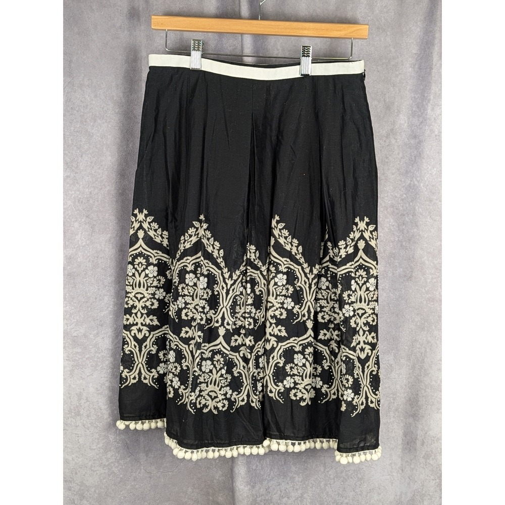 Ann Taylor LOFT Black Cotton Embroidered Pom Pom Trim Midi Skirt Womensā 2